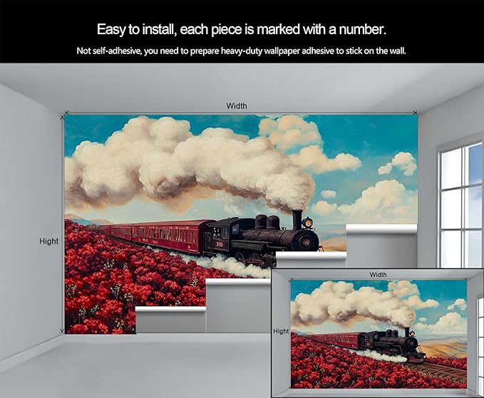 Vintage Train Wall Mural, Steam Engine Landscape 3D Wall Murals, Train Through Flower Field Wallpaper Mural, for Living Room Bedroom Large Wallpaper Indoor Decor 157.5" W x110.3 H