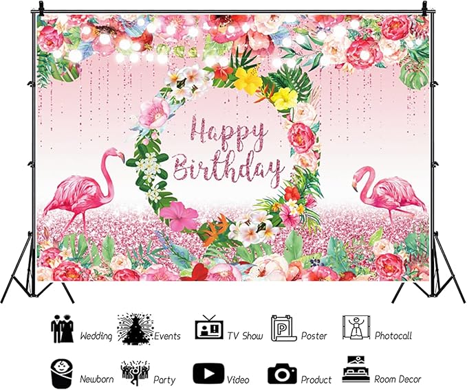 Renaiss 9x7ft Happy Birthday Backdrop Pink Flamingo Tropical Leaves Flower Hoop Winkle Hawaiian Photography Background Luau Aloha Party Decor Girls Birthday Photo Props Dessert Gift Table Banner