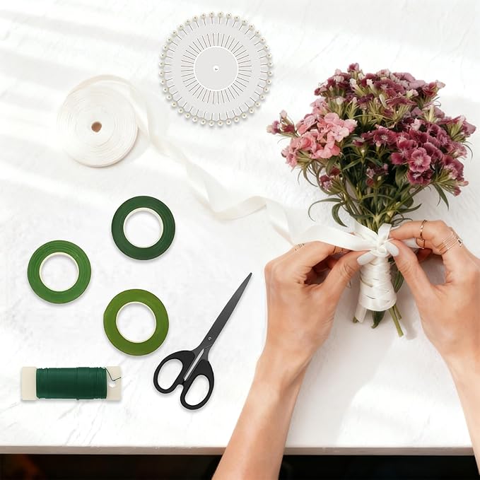 CllyCnny Floral Craft DIY Kit - 7pcs Complete Supplies with Floral Tape Ribbon Scissors Pin Wire for Bouquets Wreath Making Wedding Arrangement Crafts
