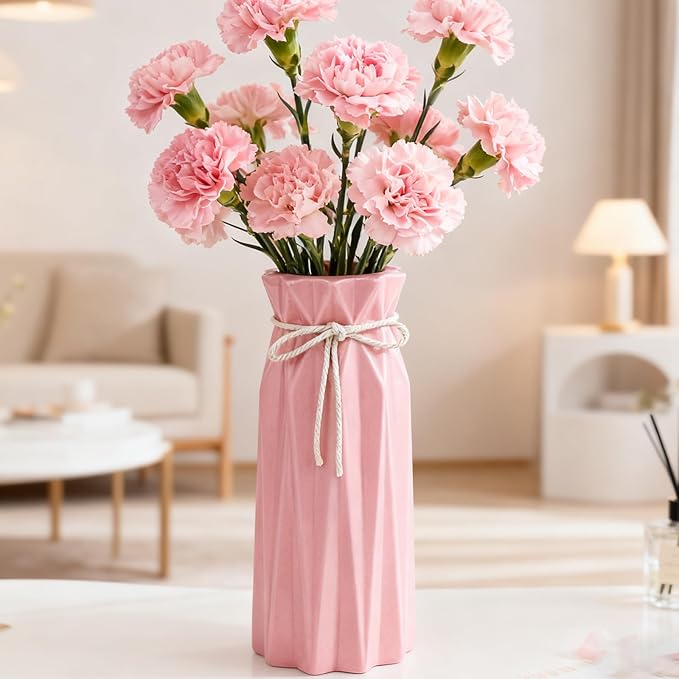 Ceramic Flower Vase Modern Home Decor Vases for Centerpieces Pink Minimalist Farmhouse 9.5" H x 3.9" W Cute Decorative Vases Flowers Tulip Pampas Grass Vase for Table Bathroom Shelf
