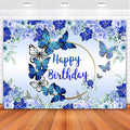 Butterfly Happy Birthday Backdrop Royal Blue Floral Bday Decorations Photography Background Women Blue Flowers Birthday Wishes Party Banner Supplies Photo Booth 10x7ft
