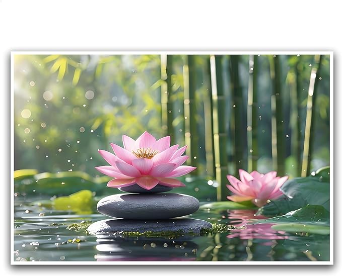 Ethereal pink lotus on obsidian Sunlit bamboo forest with sparkling water drops Poetic nature inspired wall art for tranquil homes and mindful spaces 20x30in Frameless