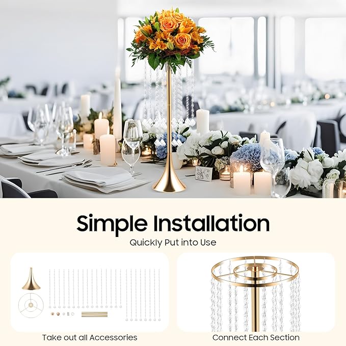 10 Pieces Centerpiece Gold Crystal Vase, 21.9 Inch Acrylic Crysta Wedding Flower Stand, for Wedding Reception, Party, Banquet, Hotel Decorations