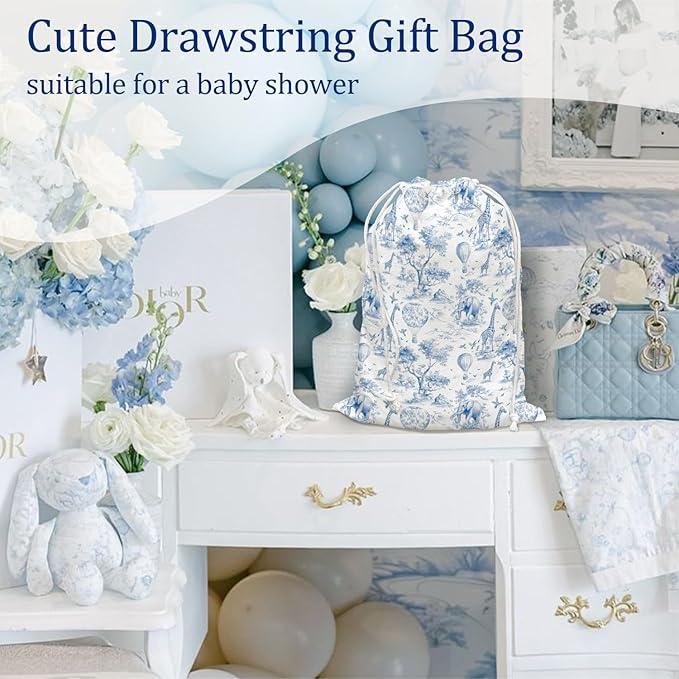 DSHFG Blue Safari Toile Chinoiserie Birthday Drawstring Gift Wrap Bags, Chinoiserie Animal Baby Shower Drawstring Gift Bags Canvas, Blue and White Small Happy Birthday Bag, Gifts for Women, 10x13 Inch
