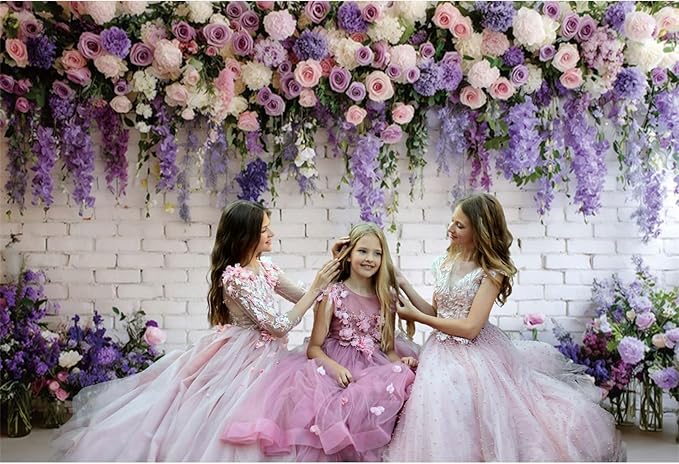 Baocicco Purple Floral Wall Backdrops 10x7ft Flowers White Brick Wall Backdrops for Photoshoot Valentine Day Decorations Anniversary Wedding Banner Supplies Birthday Baby Shower Photo Props