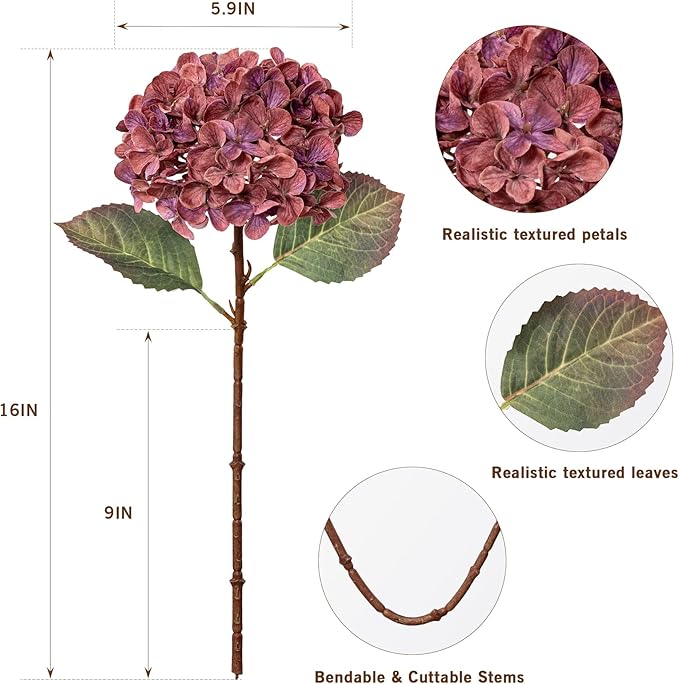Artificial Flower Fake Silk Hydrangea Heads Bouquet with Stems Bulk for Fall Decoration Table Center Christmas Indoor Outdoor Faux Floral Realistic with Leaves Plants Crafts 8PCS(Rose red)