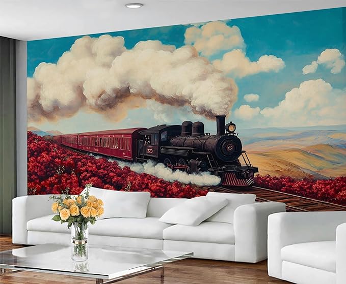 Vintage Train Wall Mural, Steam Engine Landscape 3D Wall Murals, Train Through Flower Field Wallpaper Mural, for Living Room Bedroom Large Wallpaper Indoor Decor 157.5" W x110.3 H