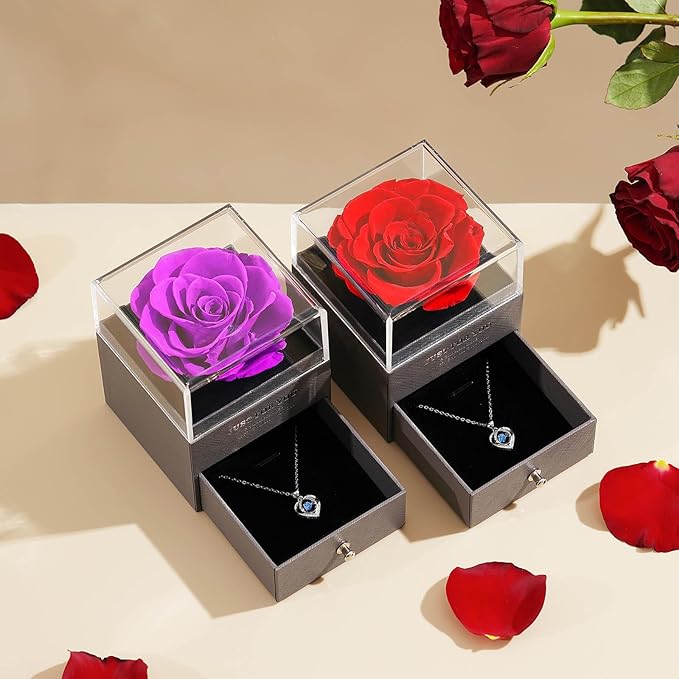 Romantic Rose Gifts for Her - Forever Preserved Rose with Silver Heart Pendant Necklace for Wife Girlfriend Mom | You Are My Sunshine Music Box for Women - Perfect on Valentines, Birthday, Anniversary