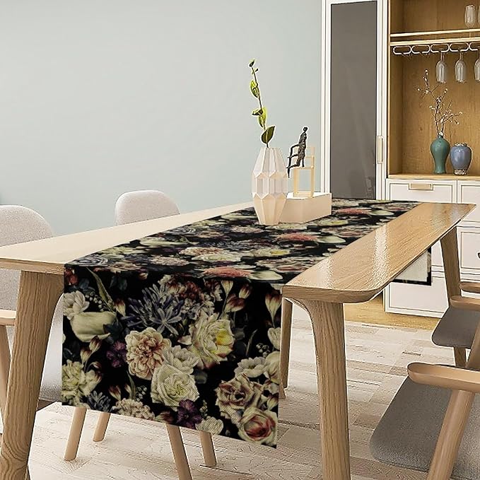 Vintage Flowers Table Runner,Black Rose Peony Gothic Floral Spring Summer Seasonal Table Runner for Home Kitchen Table Dining Indoor Outdoor Party Decor 13x108 Inch