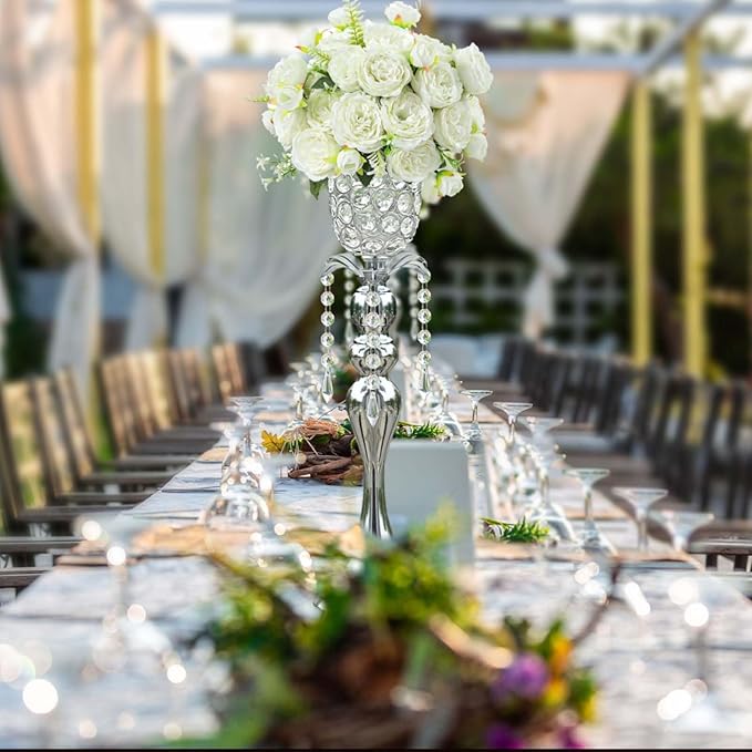 6Pcs Silver Crystal Metal Vase Set - Tulip & Trumpet Wedding Centerpieces, Artificial Flower Arrangement Vases Bulk for Home Decor, Restaurant Table Displays