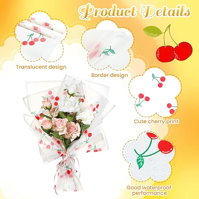 Liobelon 20 Sheets Flower Wrapping Paper Waterproof Bouquet Paper with Cherry Pattern White Gift Wrapping Paper for Flower Shop, Wedding, Birthday Party, Handmade DIY, Anniversary 22.8 x 22.8 Inch