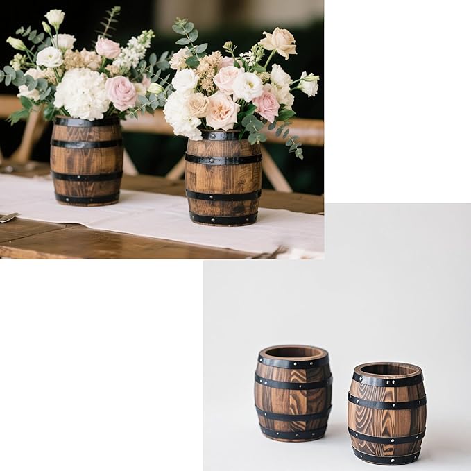 2 Pcs Wood Wine Barrel Vase 6" x 5" – Rustic Wooden Flower Vase Planter for Wedding Reception, Home Indoor Outdoor Garden, Kitchen, Party Table Decoration