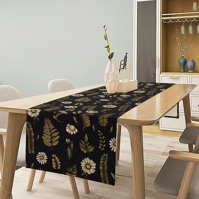 Vintage Daisy Flower Table Runner, Rustic Forest Green Plants Leaves Wild Floral Ferns Print Holiday Kitchen Dining Coffee Table Decoration for Home Indoor Outdoor Party, 13x108inch