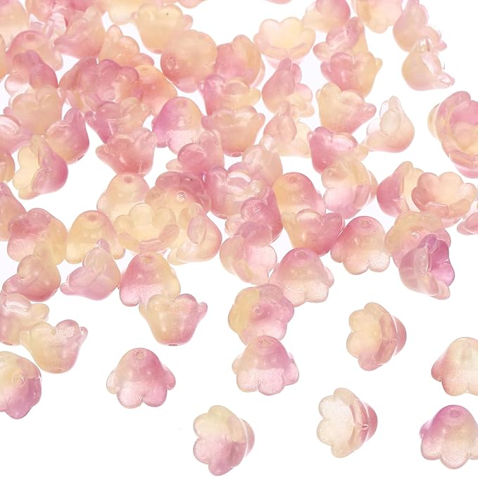 PATIKIL Glass Trumpet Flower Beads, 200 Pcs Gradient Flower Bead Charm for Jewelry Making DIY Craft, Bracelets, Earrings, Necklaces Decorations, Yellow, Purple