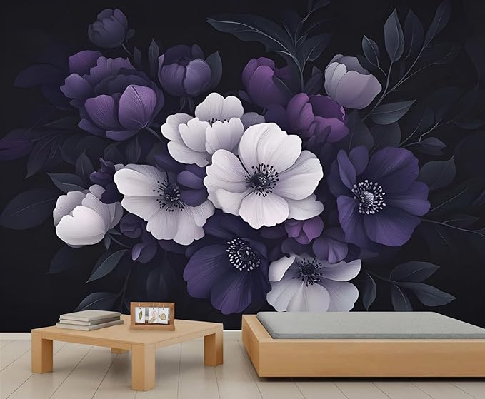 Dark Peony Floral Wall Mural, Purple and Black Flower 3D Wall Murals, Luxury Botanical Wallpaper Mural, for Living Room Bedroom Large Wallpaper Indoor Decor 157.5" W x110.3 H