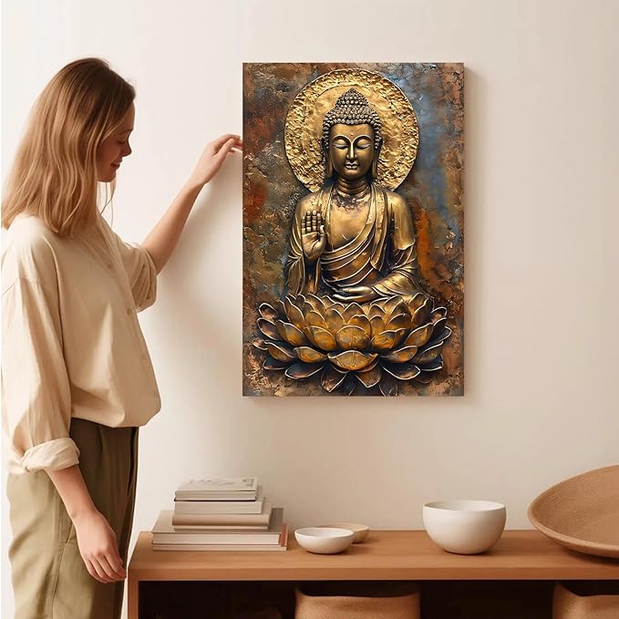 Buddha Wall Art Golden Buddha in Lotus Seat Serene spiritual statue radiant aura Meditation and mindfulness wall art suitable for sacred spaces 8x12in Wood Framed