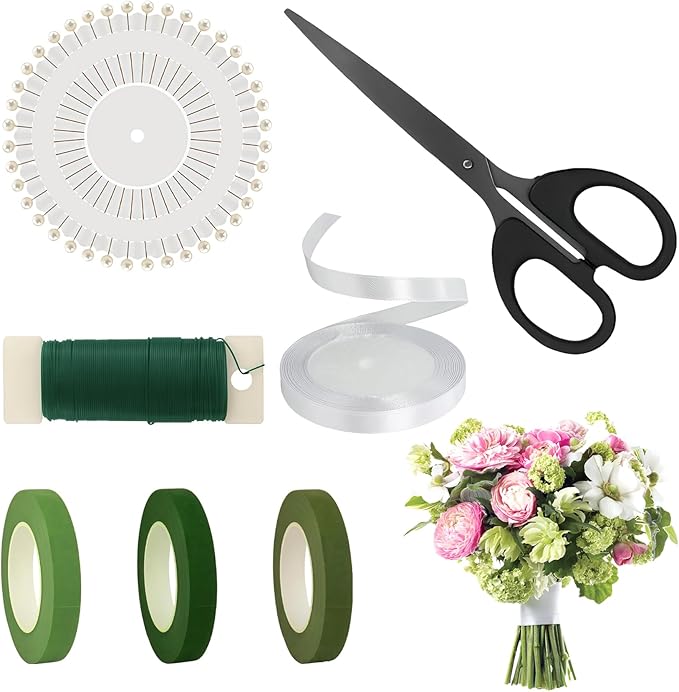 CllyCnny Floral Craft DIY Kit - 7pcs Complete Supplies with Floral Tape Ribbon Scissors Pin Wire for Bouquets Wreath Making Wedding Arrangement Crafts