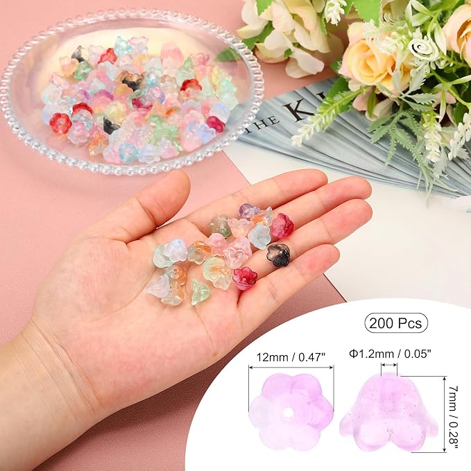 PATIKIL Glass Trumpet Flower Beads, 200 Pcs Gradient Flower Bead Charm for Jewelry Making DIY Craft, Bracelets, Earrings, Necklaces Decorations, Light Purple