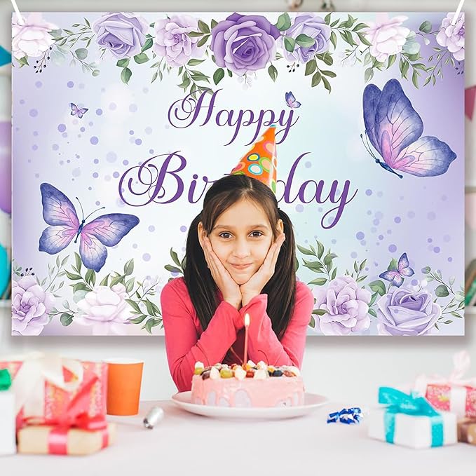 8x6Ft Purple Butterfly Birthday Banner Backdrop for Women Girl Purple Happy Birthday Backdrop Banner (96x72 Inch) Rose Flowers Butterfly Decortions Background for GILR 's Party