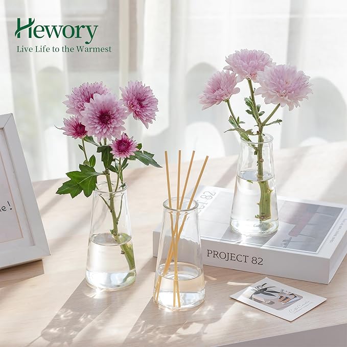 Hewory Glass Bud Vases for Centerpieces: Small Clear Modern Flower Vase Set of 24, Minimalist Cute Mini Decorative Bulk Vases for Wedding Birthday Bridal Shower Party Events Dining Room Table Decor