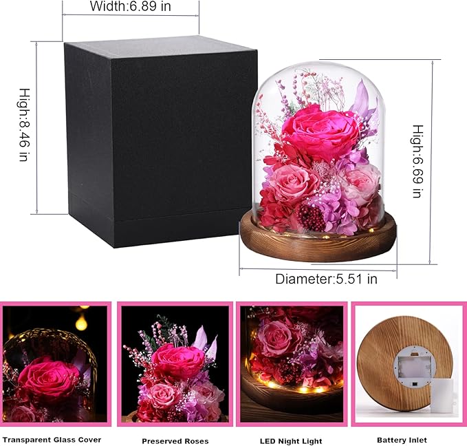 Flowers for Delivery Prime Preserved Flowers with LED Light in a Glass Dome,Long Lasting Real Roses Birthday Gifts for Women Daughter Mom Wife Friend（Reddish Rose）
