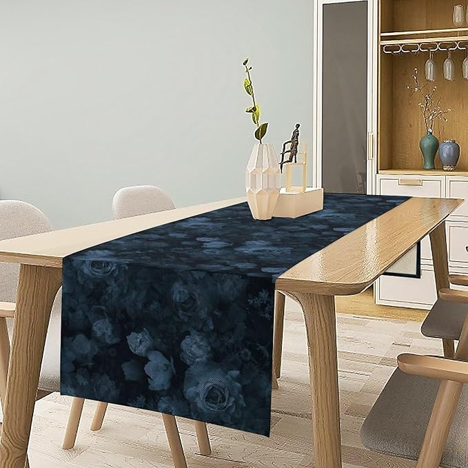 Gothic Flower Table Runner, Dark Navy Blue Flower Rose Vintage Garden Flowers Herbs Print Print Table Cover for Home Holiday Party Indoor Outdoor Decor, 13x36inch