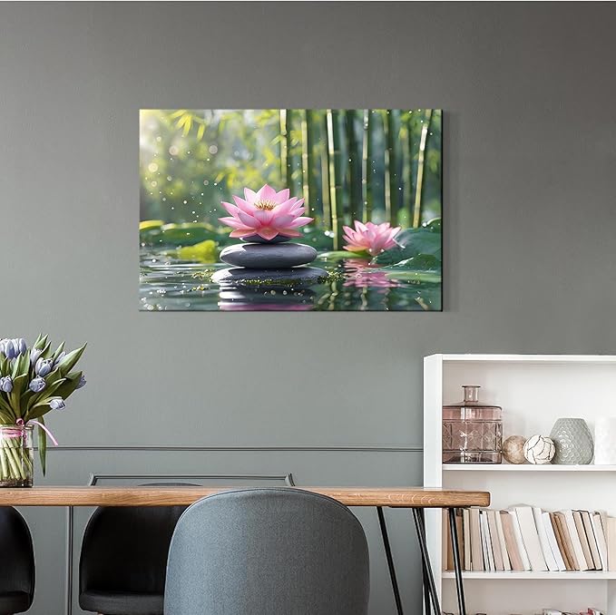 Ethereal pink lotus on obsidian Sunlit bamboo forest with sparkling water drops Poetic nature inspired wall art for tranquil homes and mindful spaces 12x18in Wood Framed