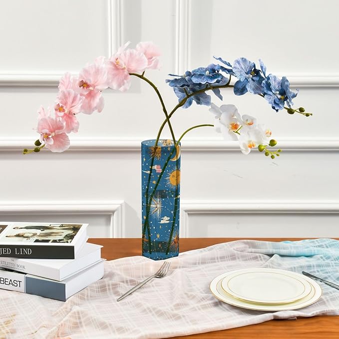 Flower Vase Clear Plastic Cylinder Vases Decor for Centerpieces Home Storage Office Weddings Moon Sun Blue 11.8 x 3.9 in