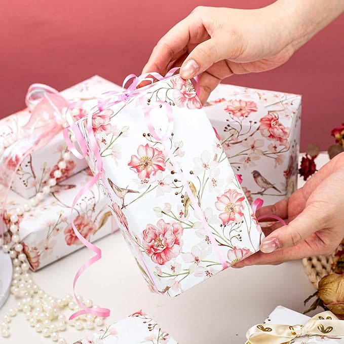 MAYPLUSS Gift Wrapping Paper Roll - Romantic Watercolor Pink Flower and Birds Design Gift Wrap Paper for Wedding, Bridal Shower, Mother’s Day, Valentine's Day, Birthday, Anniversay (17 Inch X 33Feet)
