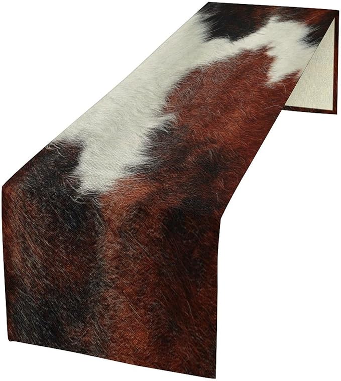 Cow Skin Print Table Runner, Rustic Country Farmhouse Animal Fur Skin Western Farm Black Brown Cowhide Print Dinner Runner Table Decoration for Home Kitchen Dining 13x90in