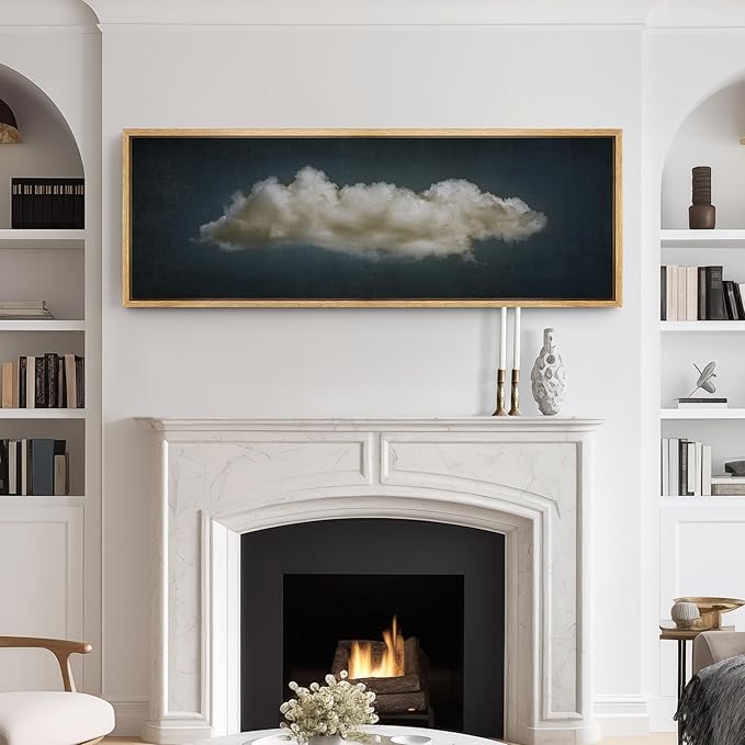 SIGNFORD Large Framed Canvas Print Wall Art Single Fluffy Cloud on Dark Sky Minimalist Atmospheric Illustrations Modern Art Relax/Calm Warm for Living Room, Bedroom, Office - 60"x20"