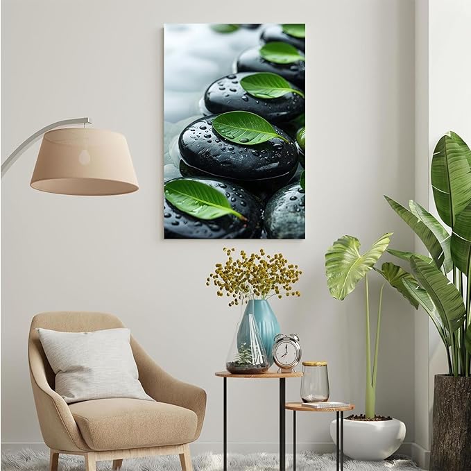Glittering black stone cluster with fresh green leaves and water drops poster tranquil mist rain wall art zen wall art suitable for modern minimalist home decor 8x12in Wood Framed