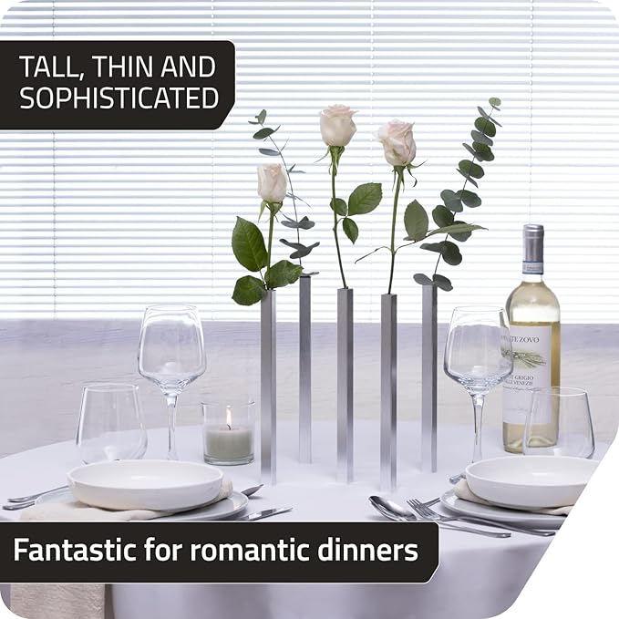 PELEG DESIGN Magnetic Flower Vase - Unique and Modern Set of 5 Silver Aluminum Vases for Home Garden Décor | 9.4 x 0.6 x 0.6 inches | Suitable for Both Real and Artificial Flowers