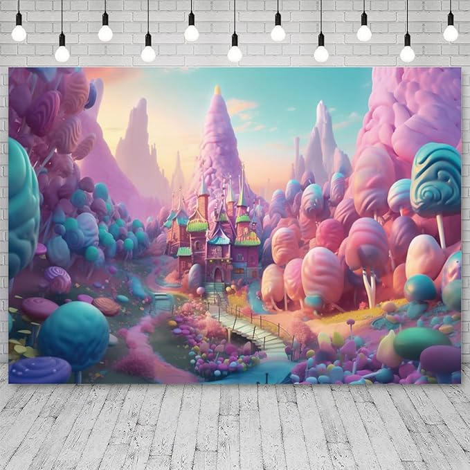 5x4ft Candyland Backdrop Fantasy Candy Castle Photography Background Sweet Lollipop Dream Blue Sky Cartoon Kids Birthday Banner Decorations Baby Shower Newborn Portrait Photo Booth Prop