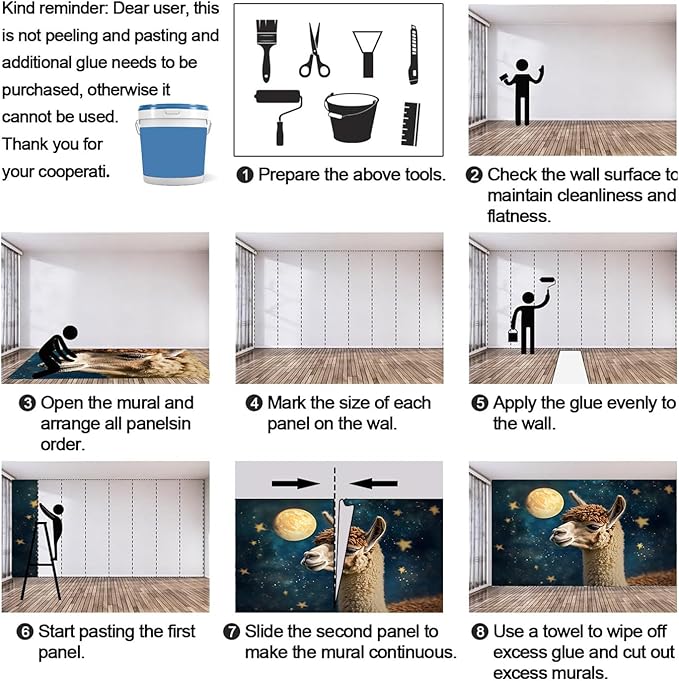 Starry Sky Alpaca Wall Mural, Dreamy Galaxy Moon Alpaca 3D Wall Murals, Cute Animal Wallpaper Mural, for Living Room Bedroom Large Wallpaper Indoor Decor 177.16" W x120 H