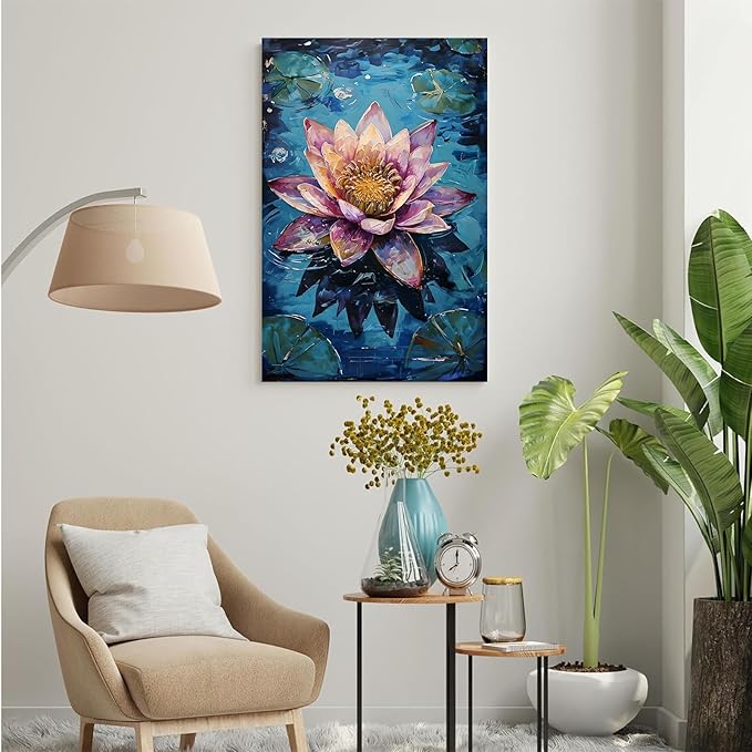 Gorgeous pink and purple water lilies on deep blue water Eye-catching oil painting Serene aquatic wall art for modern home decor 8x12in Wood Framed