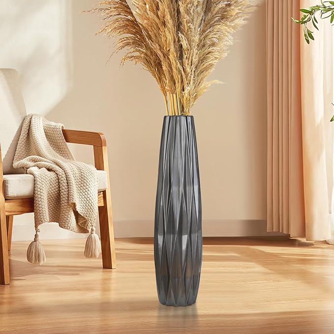 Silvery Ceramic Tall Floor Vase,24 Inch Large Modern Flower Vases for Home Décor,Wicker Big Floor Vases Decorations for Farmhouse, Living Room,Bedroom,Standing Plastic Vase Decorative Tall