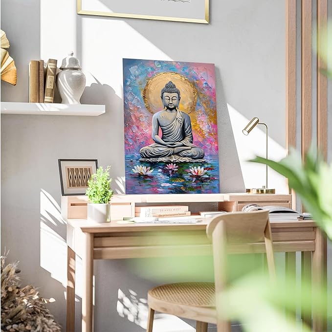 Lotus and golden Buddha meditation tranquil zen wall art mindfulness wall art for spiritual harmony and tranquility decor 32x48in Frameless
