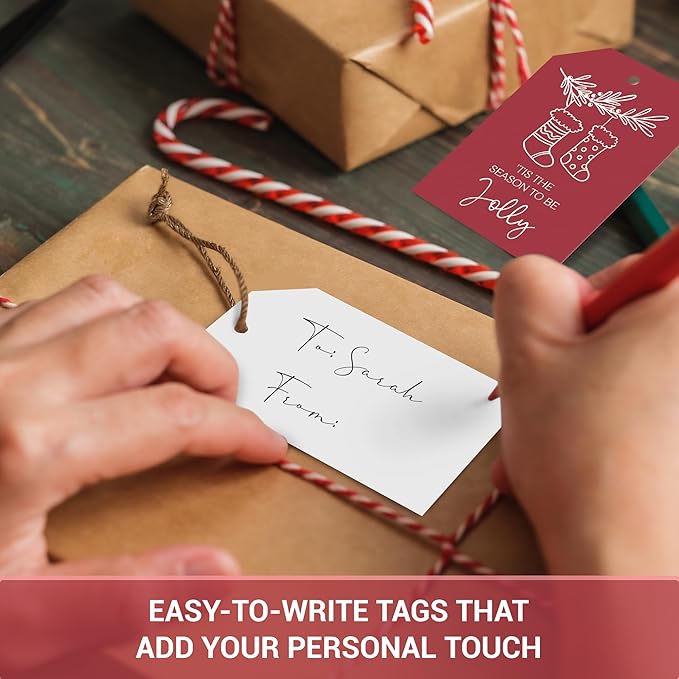 AUDREE 48 Pcs Christmas Gift Tags with String - Funny Holiday Gift Tags for Xmas Presents - Christmas Name Tags for Gifts - Hanging Labels Decoration Xmas Winter Holiday Present DIY Crafts