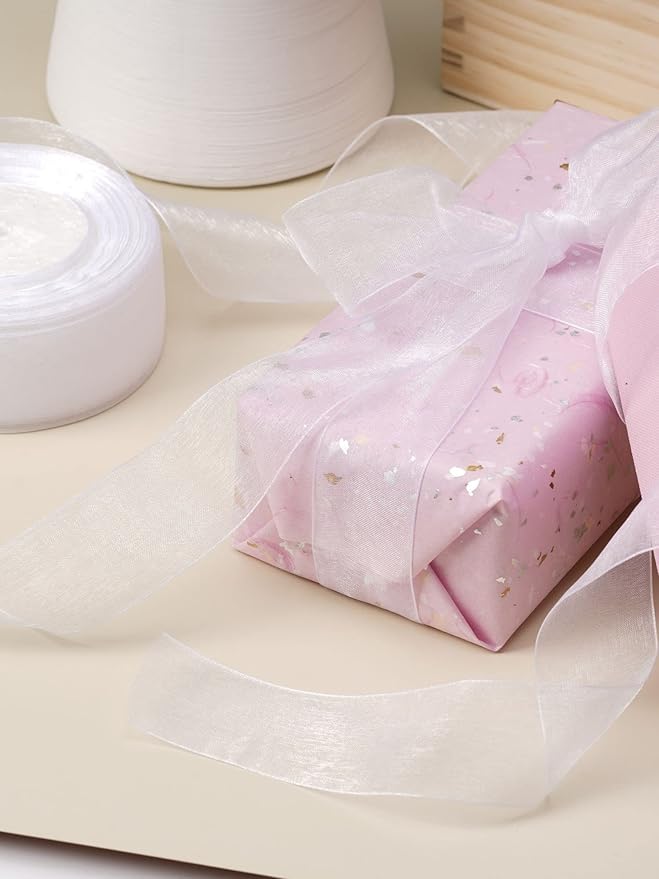 White Organza Ribbon for Gift Wrapping, FAKILO 2 Inch Shimmer Sheer Wrapping Ribbon for Bouquet, Wedding, Christmas Gift - 50 Yards Each Roll
