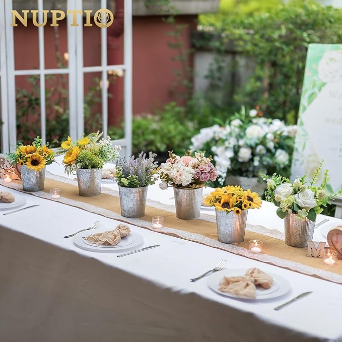 NUPTIO Rustic Galvanized Vases for Centerpiece: 12 Pcs 5" Small Ribbed Vases for Flowers Bulk Metal Bucket Planter Pots for Wedding Table Home Decor