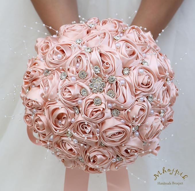 Bridal Wedding Bouquet Round Bling Brooch Bouquet Throw Toss Artificial Rose Flower Bunch for Bride Bridesmaid Wedding Quinceanera(Peach Pink, 8.7")
