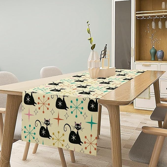 Mid Cat Table Runner, Vintage Black Cat and Atomic Stars 1950s 1960s Abstract Geometric Space Pattern Table Decoration for Home Kitchen Restaurant 13x60 Inches