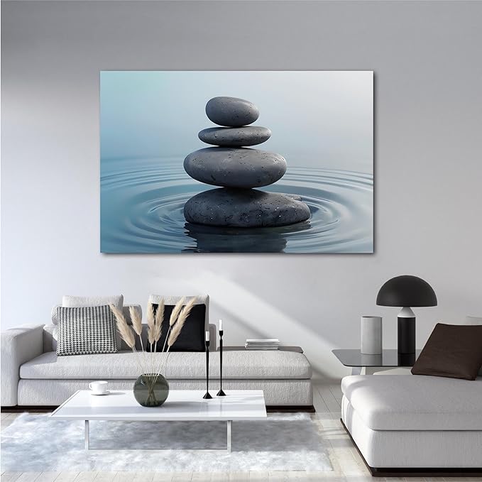 Zen wall art Harmonious grey stones stacked on a calm surface of water Serene Zen decor suitable for tranquil homes and spaces of meditation 16x24in Wood Framed
