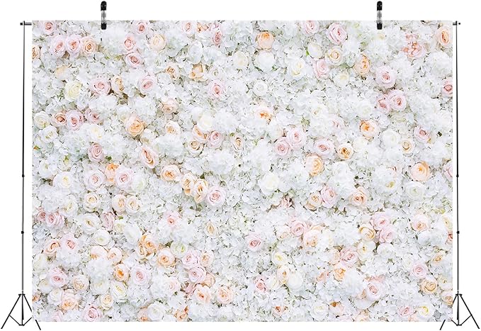 BELECO 12x10ft Fabric Flower Wall Backdrop Pink White Roses Flowers Floral Wall Background Backdrop Valentine's Day Party Engagement Newborn Baby Shower Birthday Wedding Photoshoot Studio Props