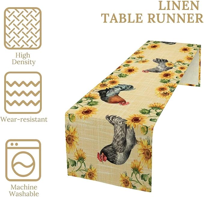 Rooster Sunflower Table Runner Vintage Farm Chicken Flower Dinner Runner for Country Farmhouse Home Kitchen Dinner Table Party Decoration 13x36in