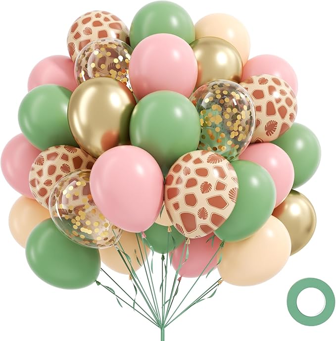 60pcs Safari Balloons 12inch, Sage Green Pink Nude Metallic Gold Confetti Balloons for Wild Safari Baby Shower Birthday Party Decorations