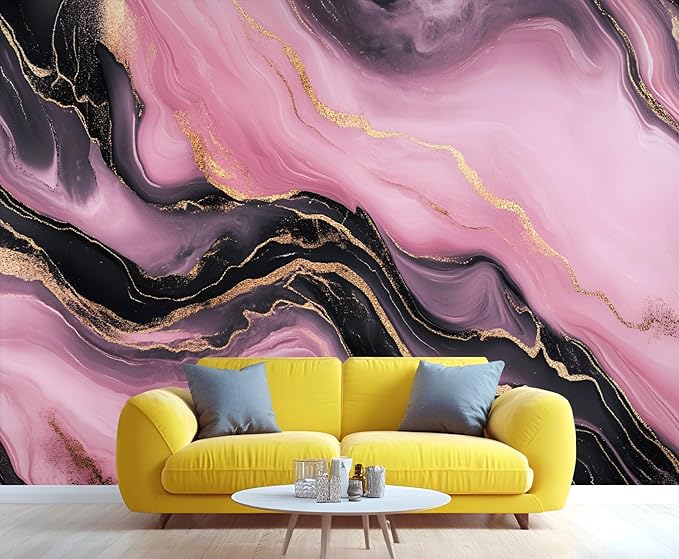 Pink Black Marble Wall Mural, Luxury Fluid Art 3D Wall Murals, Gold Vein Abstract Marble Wallpaper Mural, for Living Room Bedroom Large Wallpaper Indoor Decor 177.16" W x120 H