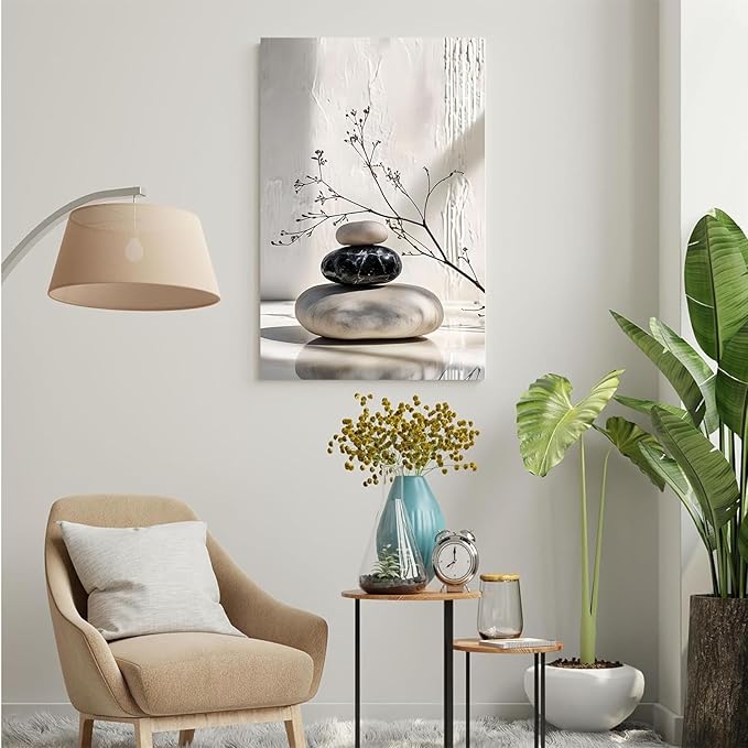Gray and black stone pile and dried flowers poster canvas wall art in harmony Minimalist wall art for tranquil homes and mindful spaces 28x40in Wood Framed