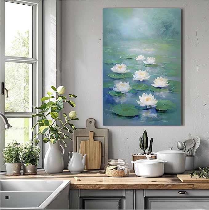 Zen wall art Delicate white lotus flower floating on calm water Vintage oil painting print Serene aquatic wall art creates a tranquil home decor 16x24in Frameless